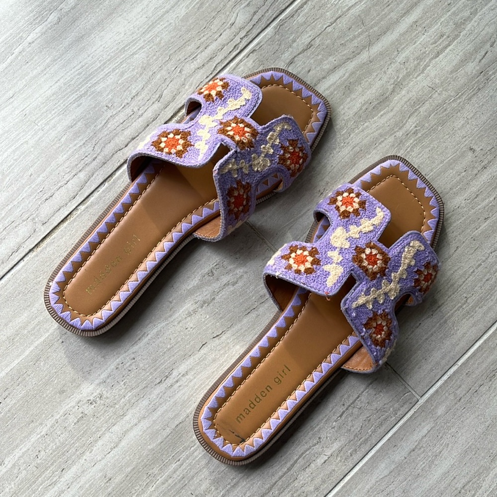 Madden Girl Lavender Embroidered Slide Sandals with Orange Accents